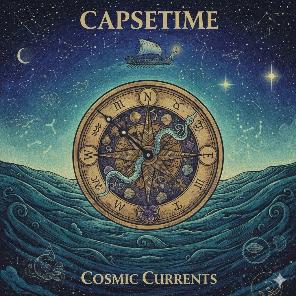Artwork titled 'Capstime' featuring a large compass over ocean waves with a Viking ship sailing above it. The background shows a starry night sky with constellations and celestial symbols. The text 'Cosmic Currents' appears at the bottom.