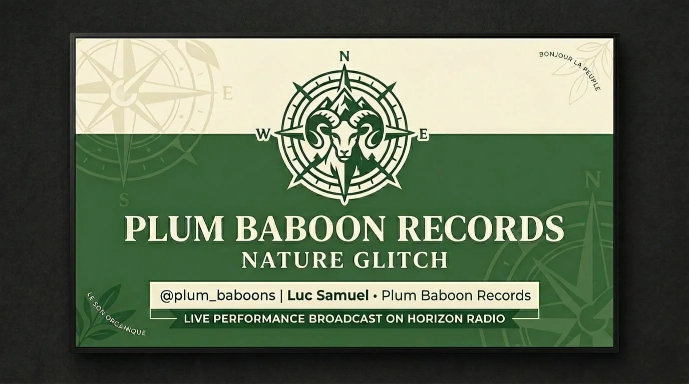 A digital graphic design promoting Plum Baboon Records' nature glitch music show. It features a green and cream color scheme, a central logo with a goat’s head inside a compass rose, and text with social media and radio broadcast information.