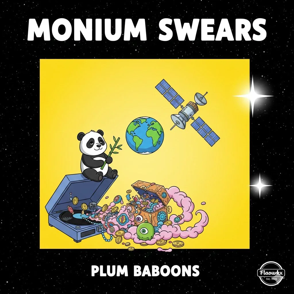 Album cover titled 'Monium Swears' by Plum Baboons featuring a space background with stars, a panda sitting on a treasure chest spilling jewelry, a satellite and Earth in space.