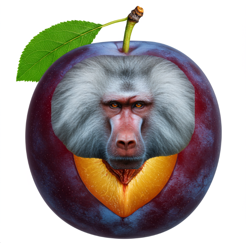 A digitally edited image of a purple apple with a monkey's face where the core would be, and a leaf on top of the apple.
