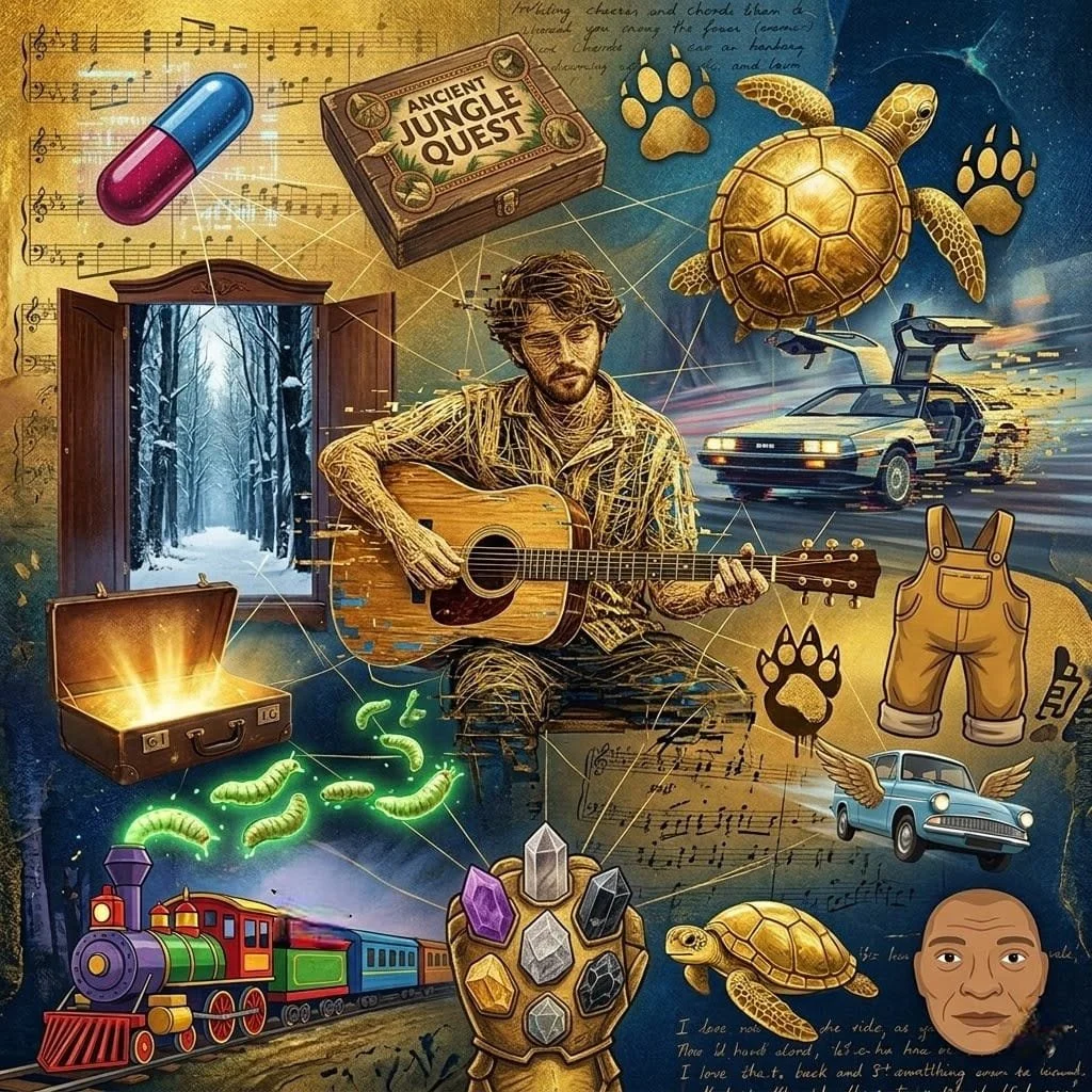 A collage featuring a man playing guitar, a snowy forest view through an open window, a toy train, a box labeled "Ancient Jungle Quest," a large pill, bright green worms, a treasure chest, gemstones, a turtle, a DeLorean car, a pair of overalls, a vi