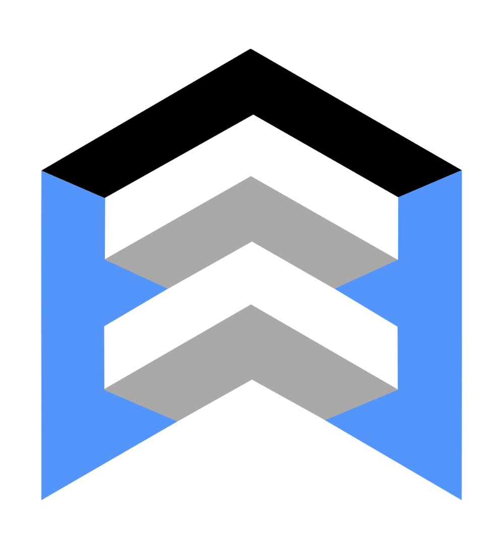 Isometric illustration of a multi-story building with blue, white, black, and gray sections.