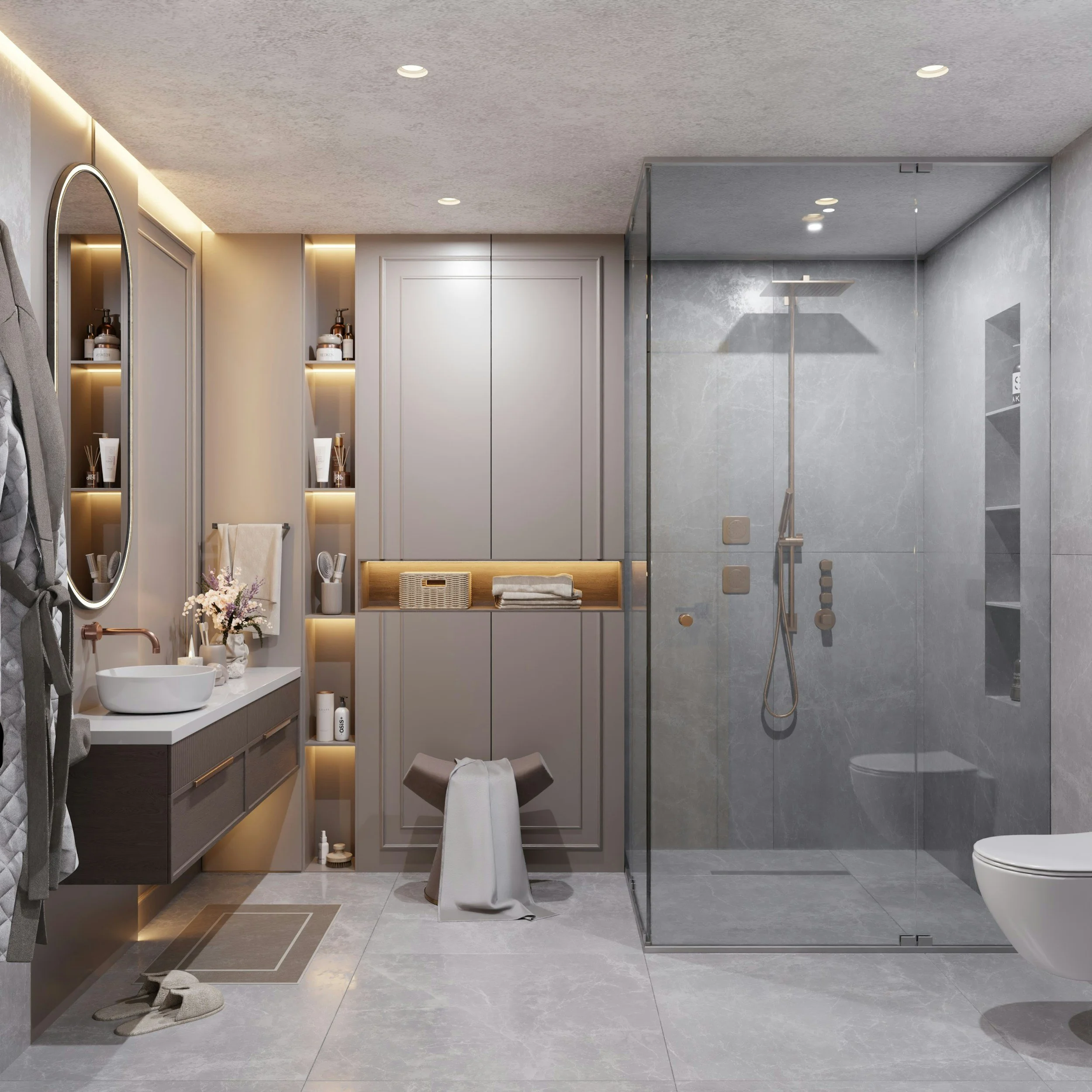 Modern bathroom with vanity, oval mirror, shower area with glass enclosure, toilet, and built-in shelving.