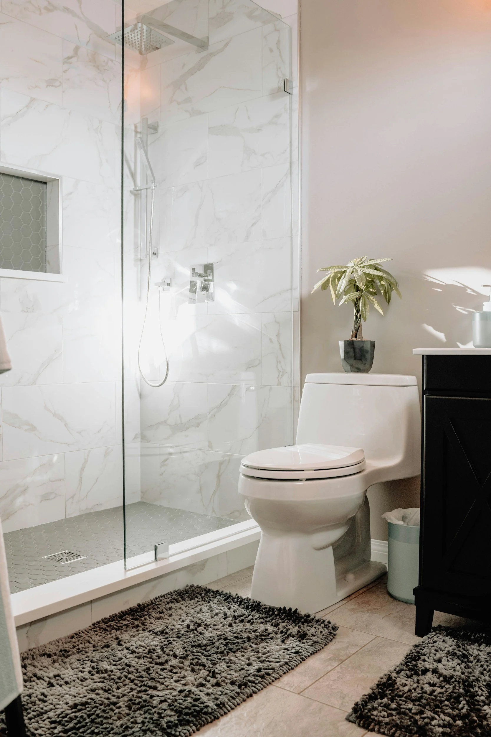 Bathroom featuring a clear glass shower enclosure with marble tiles, a white toilet with a potted plant on top, and dark wood cabinet with a small trash can nearby. There are gray textured rugs on the tiled floor.