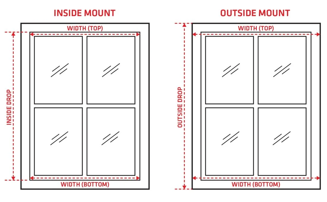 Diagram comparing inside mount and outside mount window installation measurements, showing top width, bottom width, and inside or outside drop for each type.