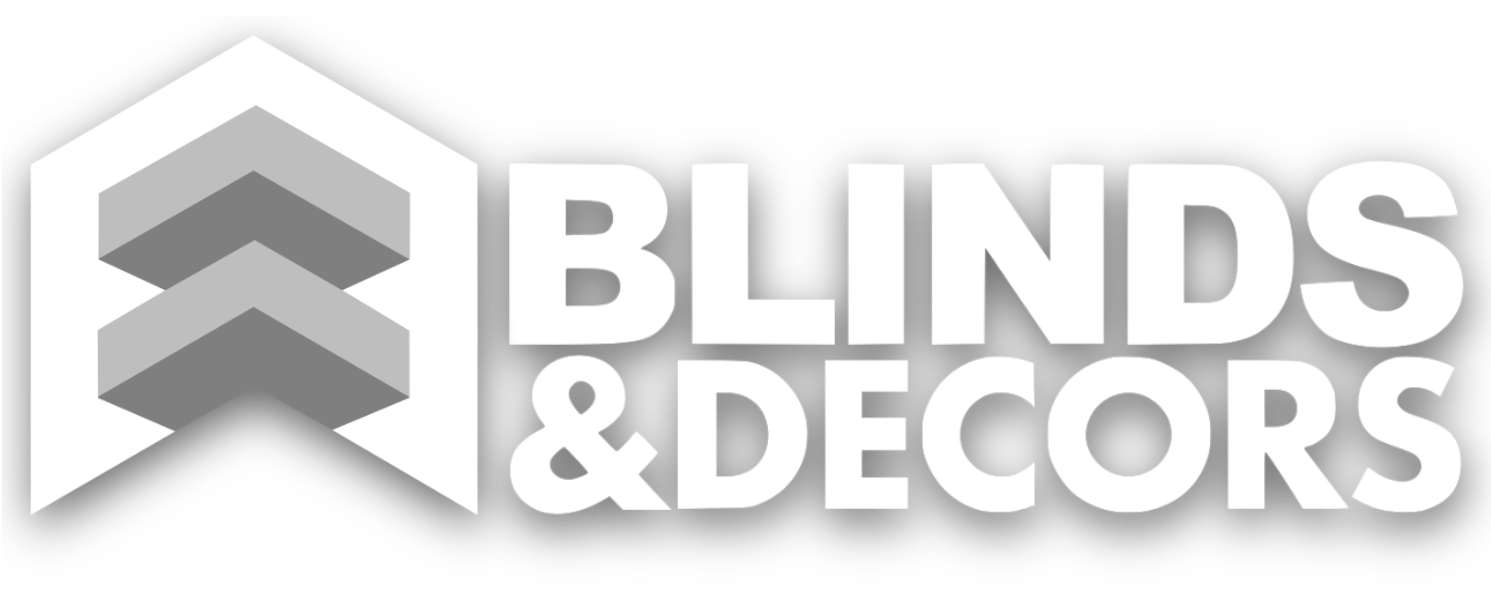 Logo of Blinds & Decors featuring a stylized threeD white and gray blind or shutter icon and bold white text reading "Blinds & Decors" on a black background.