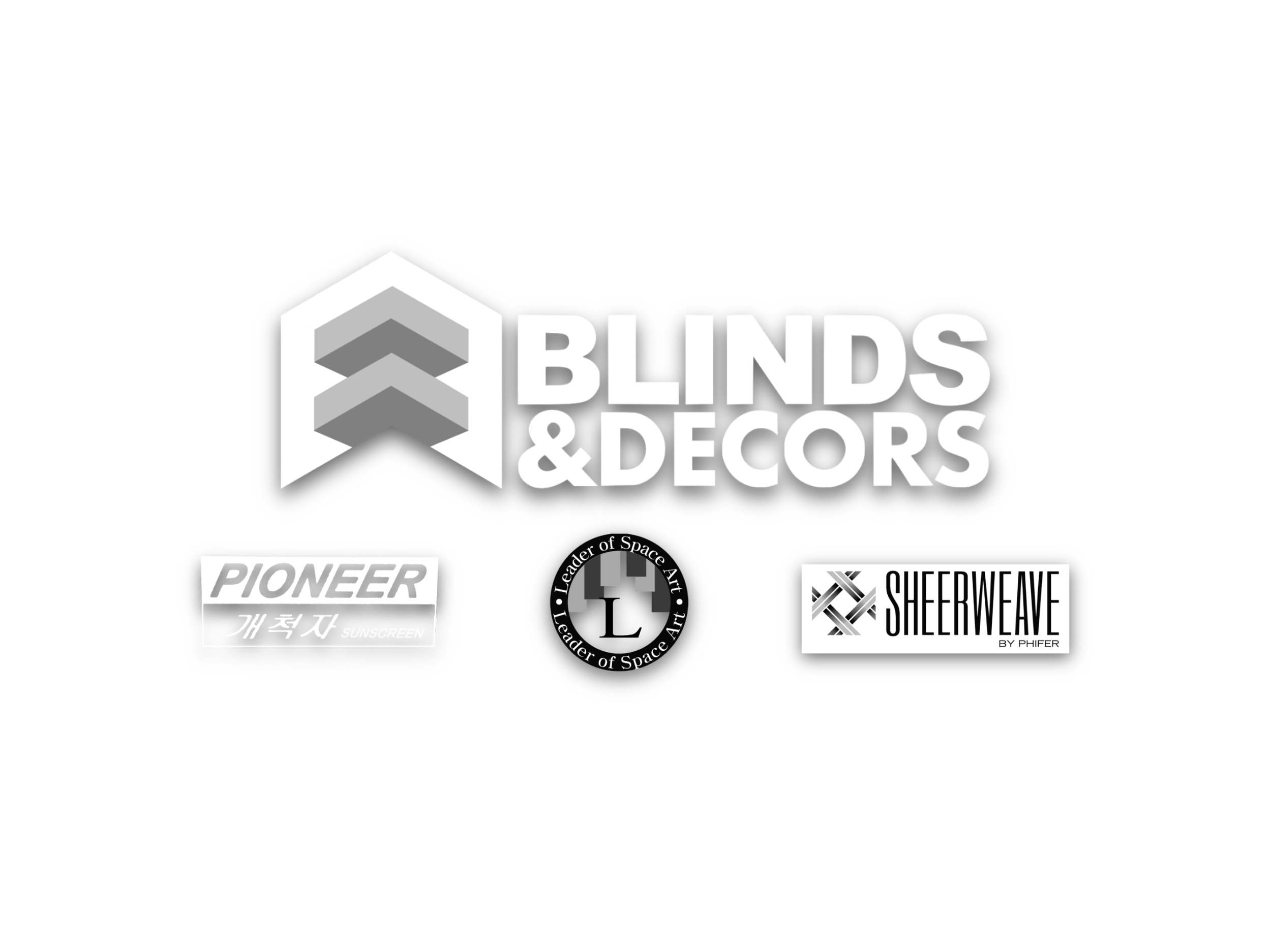 Logo for Blinds & Decors company with three gray arrow shapes and text, alongside logos for Pioneer Sunscreen, Leader of Space Art, and Sheerweave by Phifer.