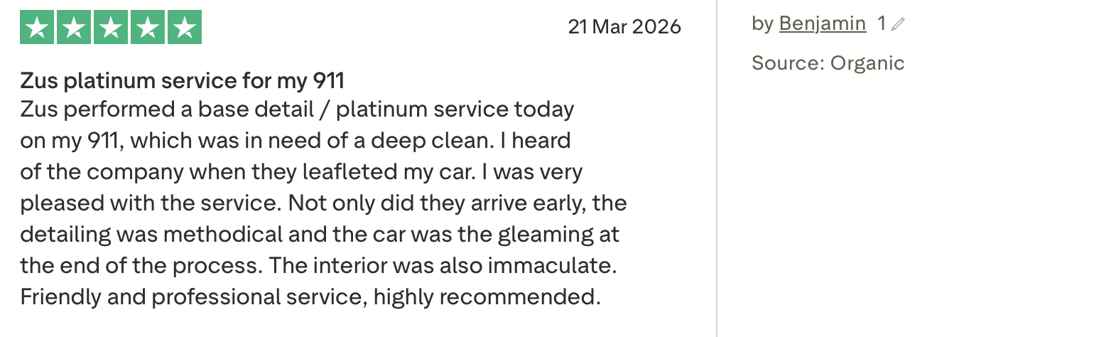 Online review of a car service, with a 5-star rating, dated March 21, 2026, praising a company's professional and meticulous work on a 911 model, emphasizing cleanliness and customer satisfaction.