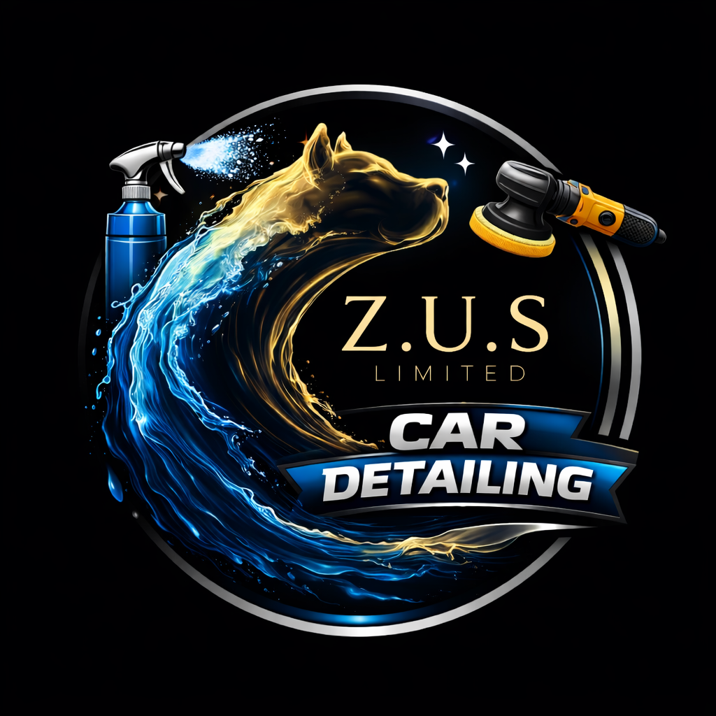 Logo for Z.U.S Limited Car Detailing, featuring a stylized horse head made of water and gold spray, with a spray bottle and polishing machine, set against a black background.