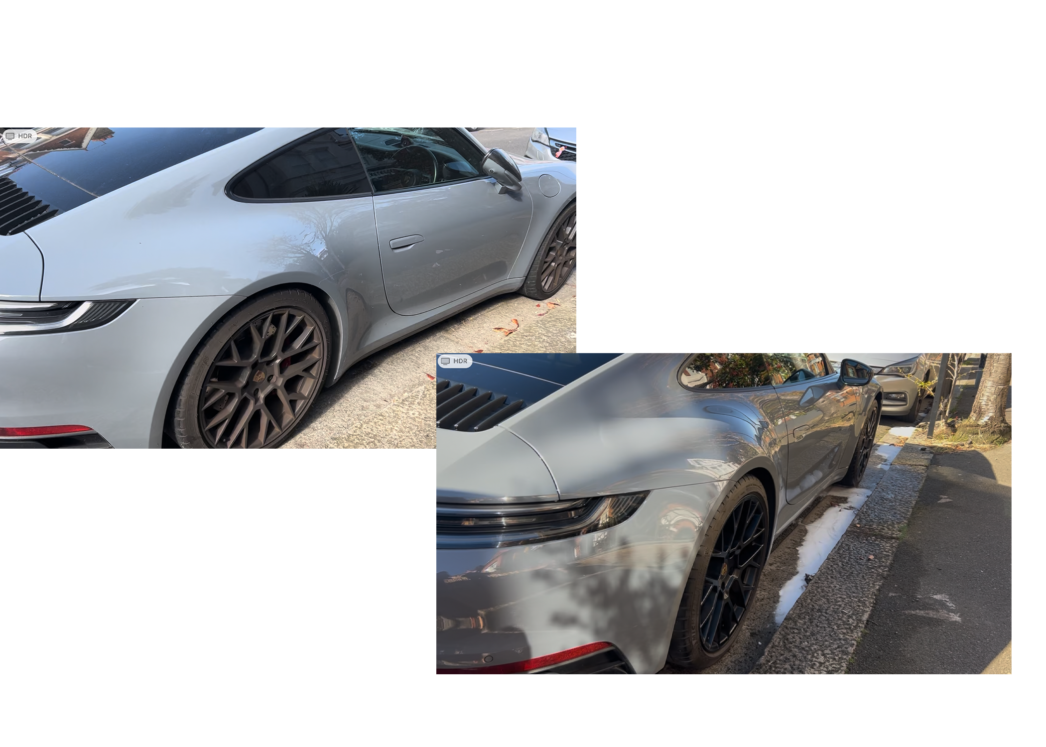Comparison of two silver Porsche cars parked outdoors, one with visible front and side views, black wheels, and parked on a sidewalk, with a background of trees and parked vehicles.