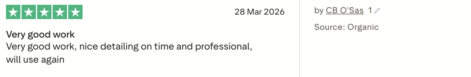 Online product review with five green stars, dated March 28, 2026, praising the work quality, detailing good timing and professionalism, and plan to reuse.