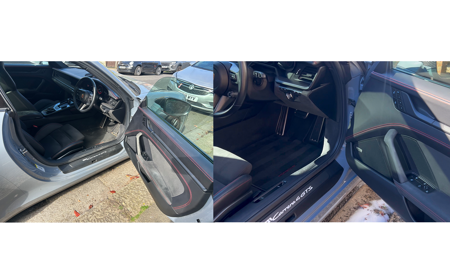 Side-by-side photos of the interior of a silver Porsche 718 Cayman GTS, showing the driver's seat, dashboard, and door panel, with visible red accent stitching on the seats and interior trim.