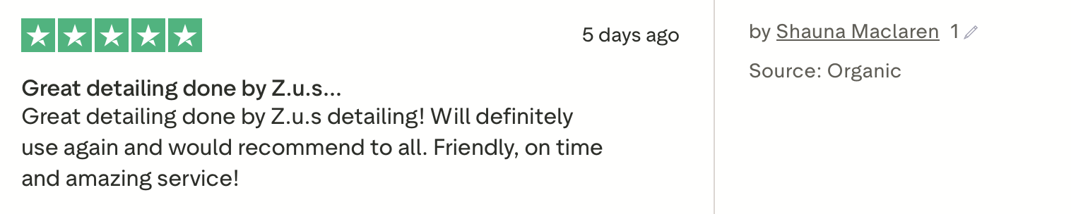 Online review with five stars, praising detailed cleaning service by Z.u.s, recommended for friendly and on-time service.