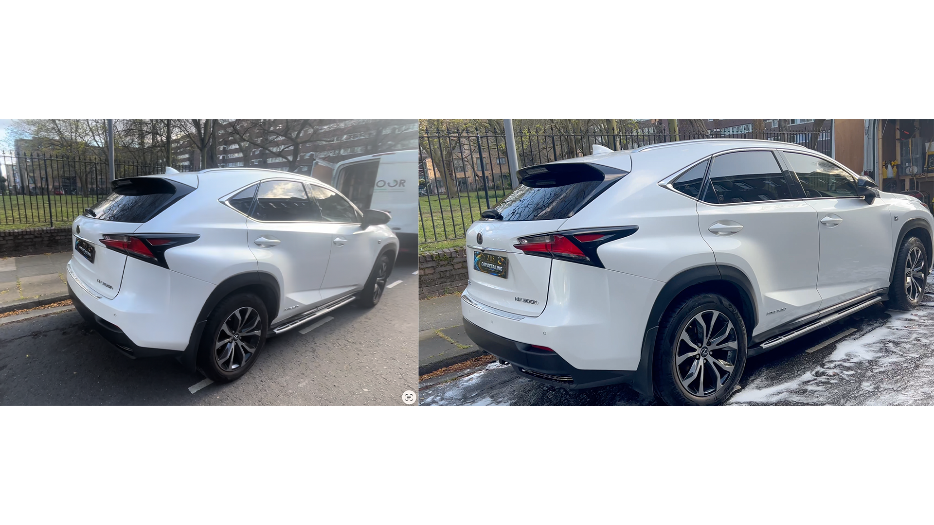 Side view of a white luxury SUV parked outdoors, with a fence and trees in the background. The vehicle has dark tinted windows and stylish alloy wheels.