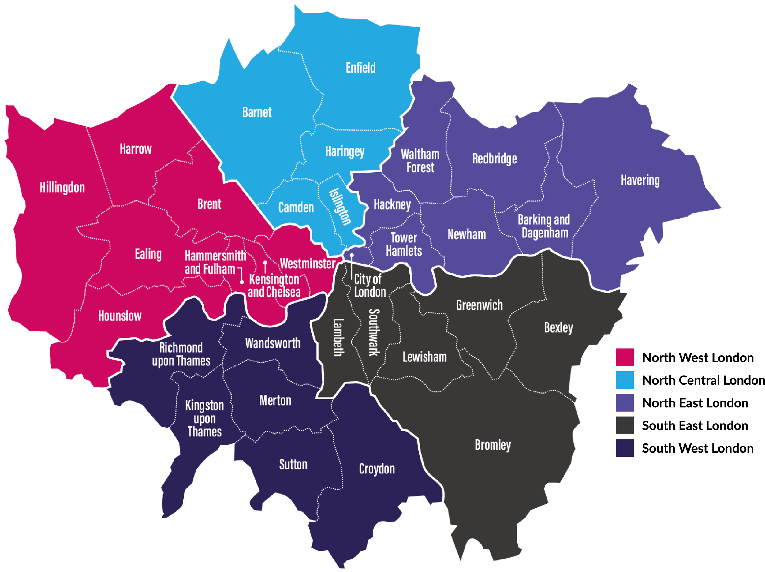 Map of London divided into boroughs, each colored according to the London region: North West London in magenta, North Central London in blue, North East London in purple, South East London in black, South West London in dark purple.