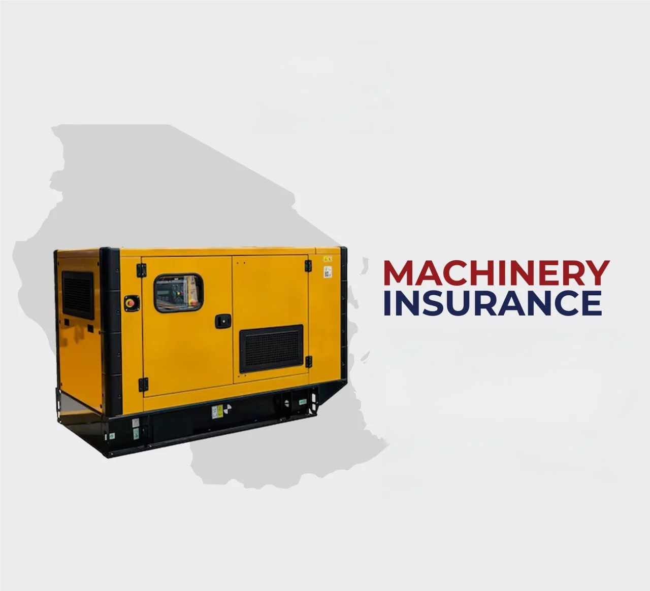 Yellow industrial generator with a gray map of Arizona in the background and the text 'Machinery Insurance' in red and blue.