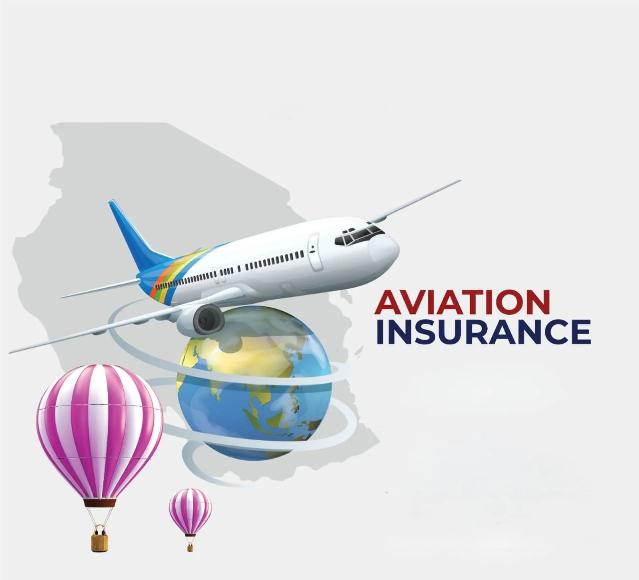 Graphic of an airplane flying above a globe with hot air balloons, with the text 'Aviation Insurance' beside it.