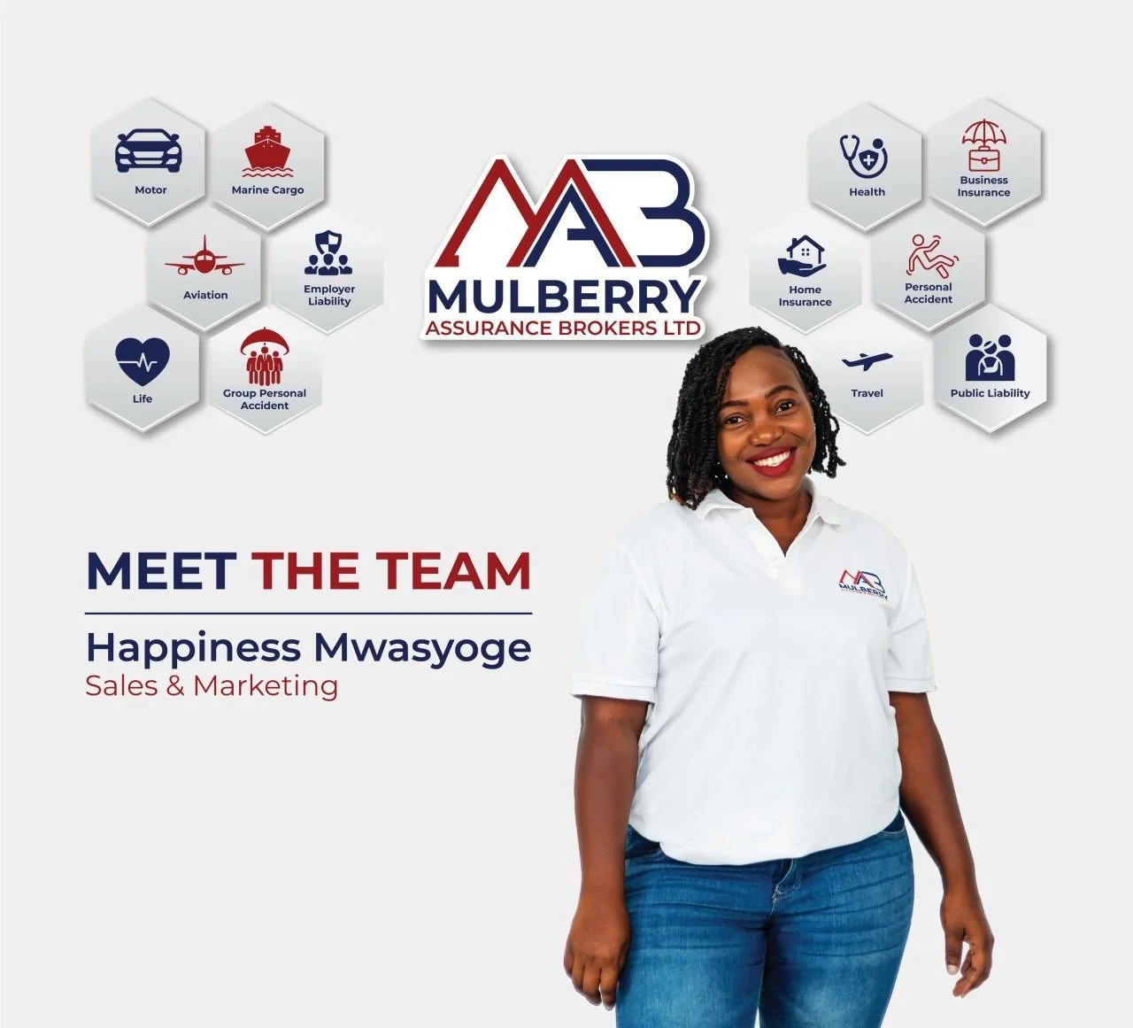 A woman smiling and wearing a white polo shirt with the logo of Mulberry Assurance Brokers Ltd. beside informational icons related to insurance services, including motor, marine cargo, aviation, employer liability, life, group personal accident, health, business insurance, home insurance, personal accident, travel, and public liability.