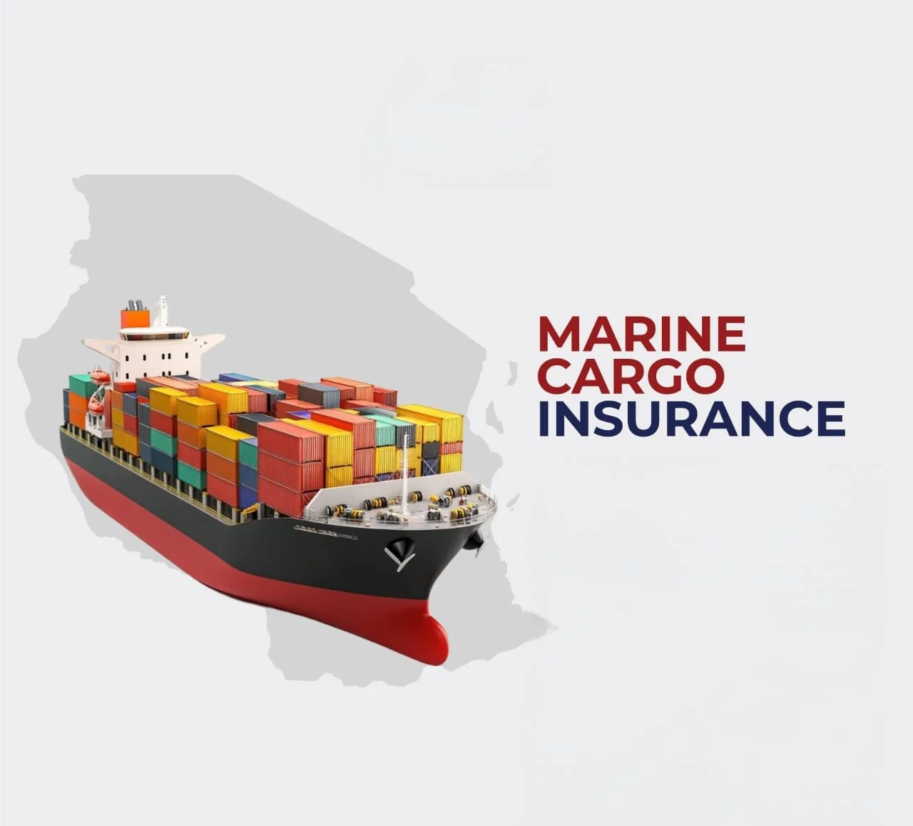 An illustration of a cargo ship with colorful containers, overlaid on a faint outline of the state of Hawaii, with text reading 'Marine Cargo Insurance' in red and blue.