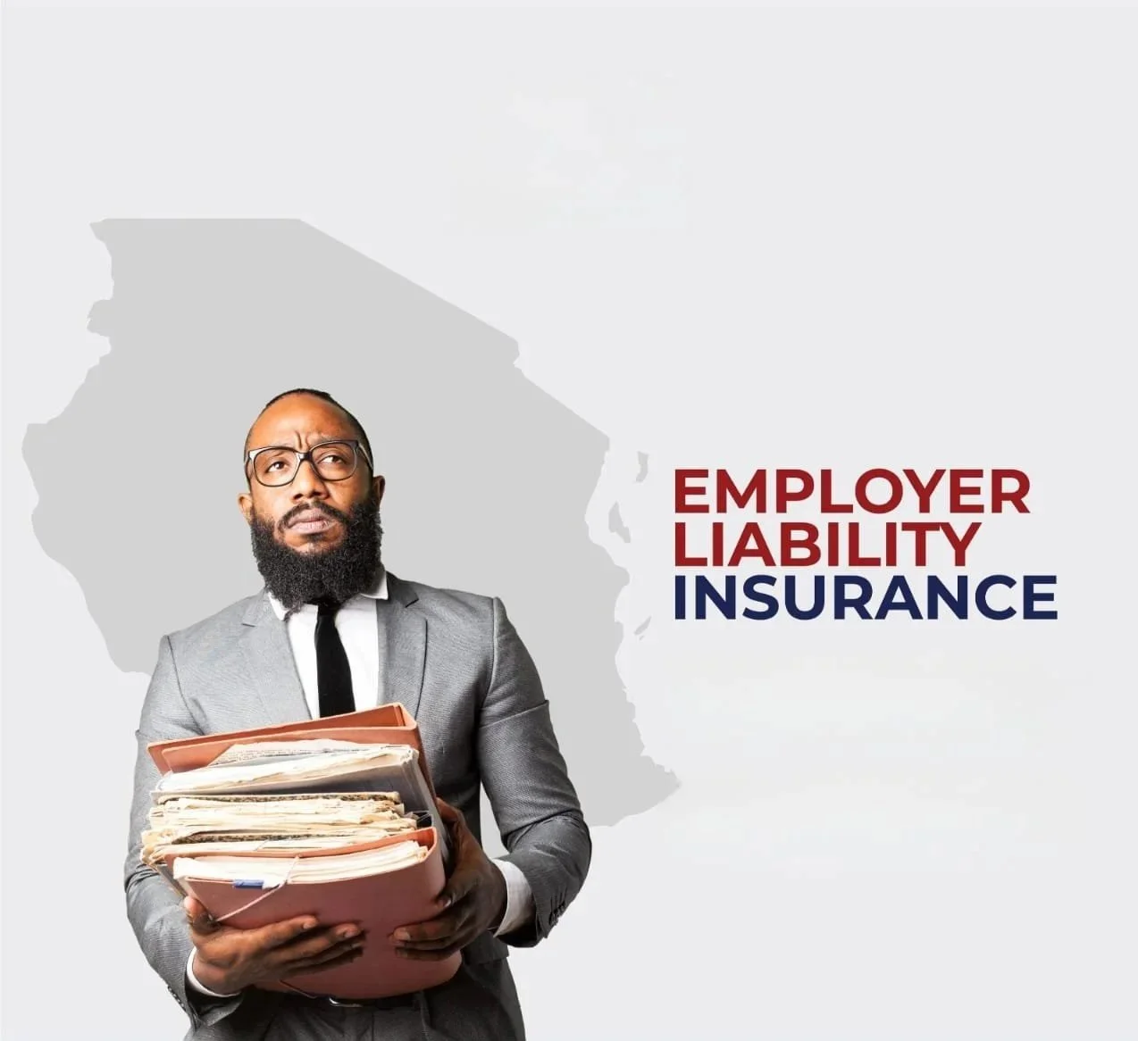A man in a suit holding a large folder of documents and folders, with a map of the United States in the background, and text reading 'Employer Liability Insurance'.