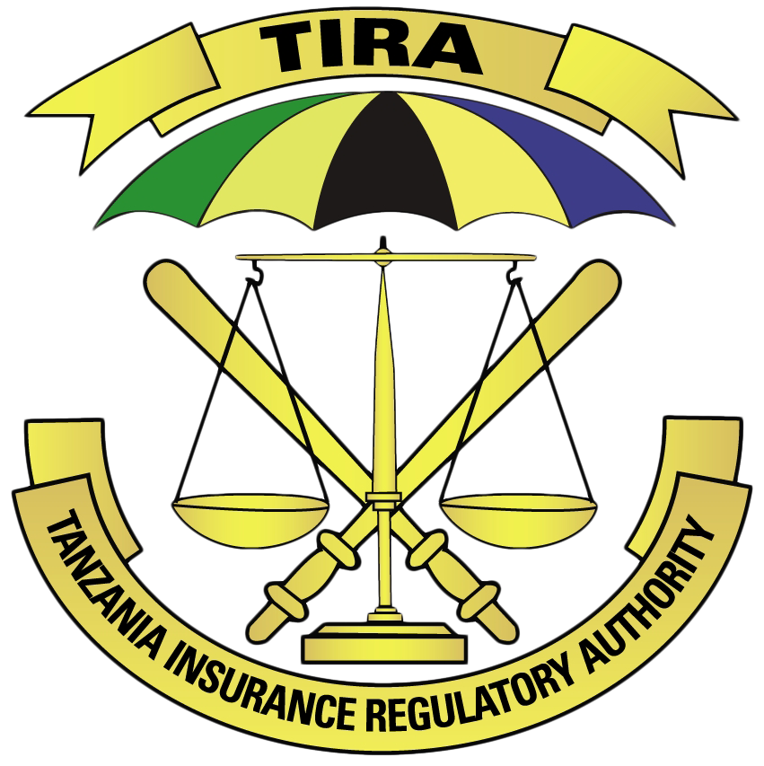 The emblem of the Tania Insurance Regulatory Authority in Tanzania features a shield with a yellow banner at the top saying 'TIRA' and a yellow banner at the bottom reading 'TANZANIA INSURANCE REGULATORY AUTHORITY.' In the center, a balanced scale is flanked by two crossed tools. Above the scale, there is a multicolored umbrella with segments in green, yellow, black, and blue.