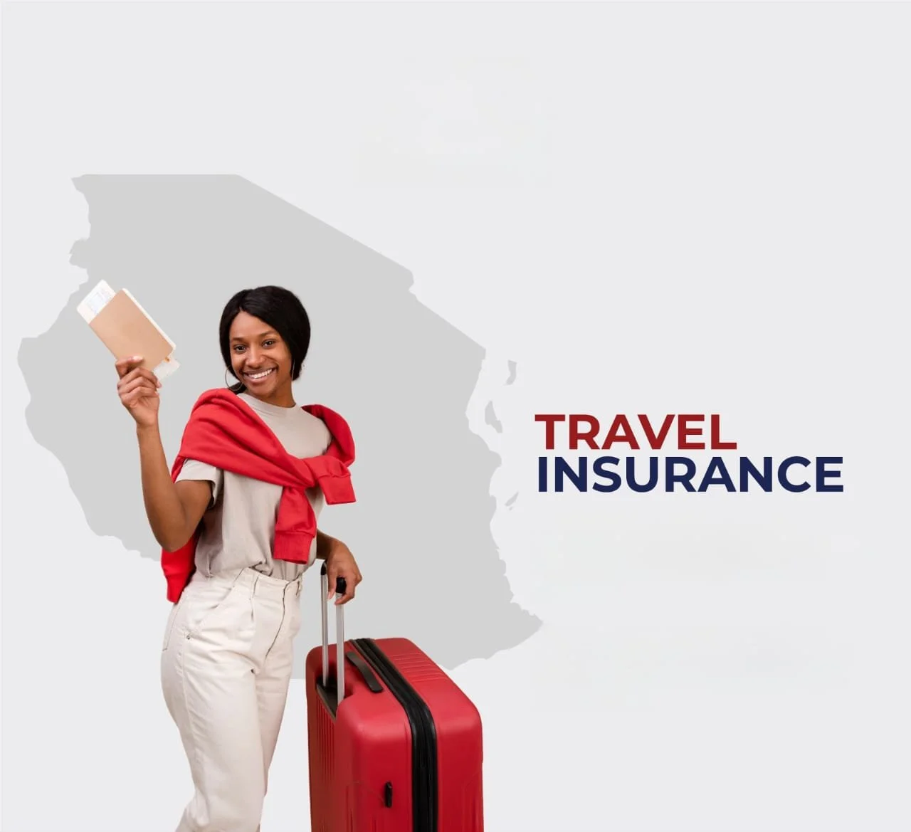 A smiling woman holding a boarding pass and standing next to a red suitcase, with a gray map of the United States in the background and the words "Travel Insurance" in red and blue text.