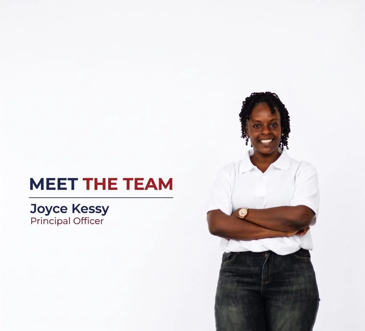 Photo of Joyce Kessy, Principal Officer smiling with arms crossed against a plain white background with text introducing her as part of the team.