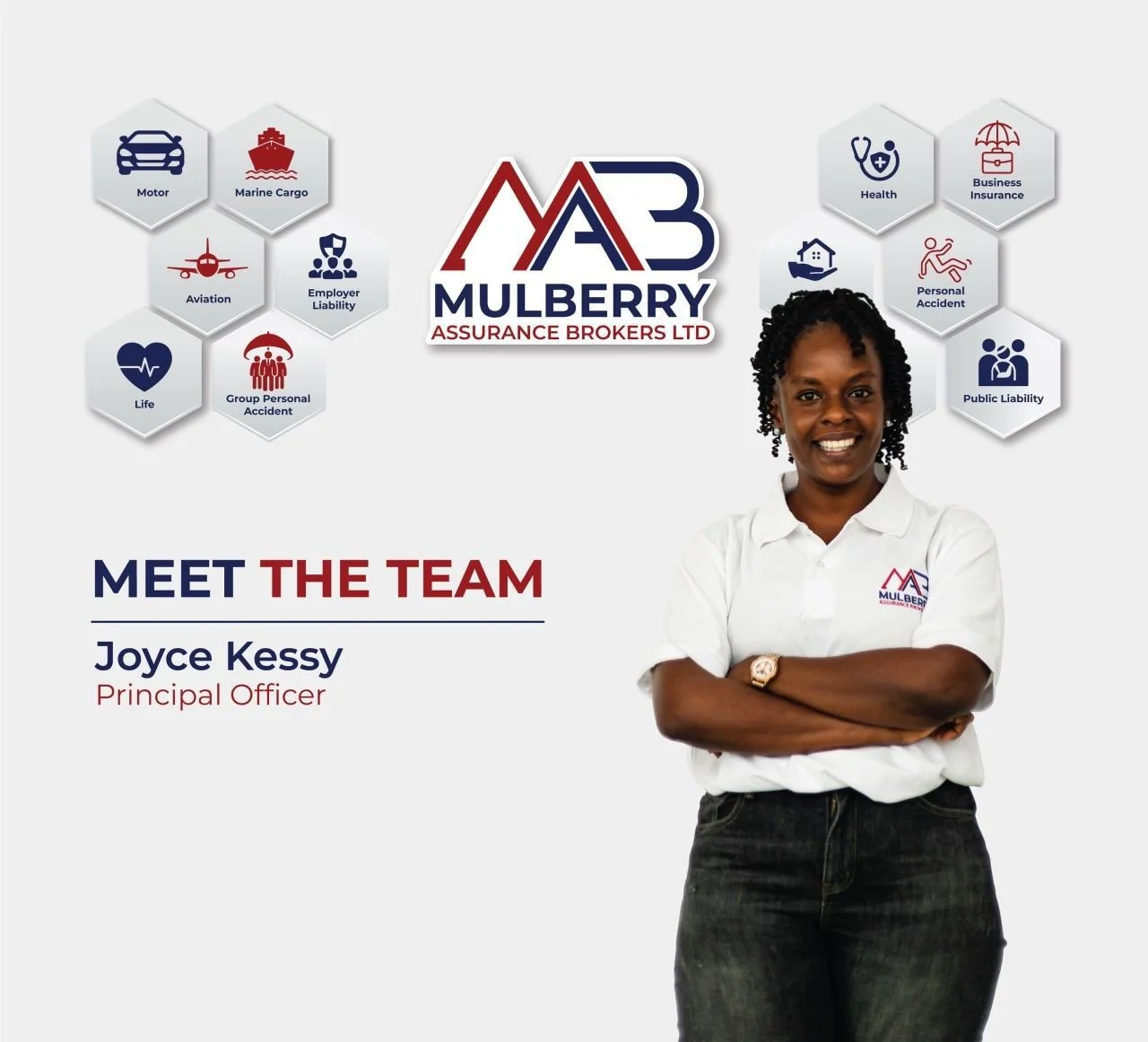 A promotional image for Mulberry Assurance Brokers LTD featuring Joyce Kessy, the Principal Officer, wearing a white polo shirt with the company's logo and standing with arms crossed. The image includes icons representing various insurance-related categories such as motor, marine cargo, aviation, employer liability, life, group personal accident, health, business insurance, personal accident, and public liability.