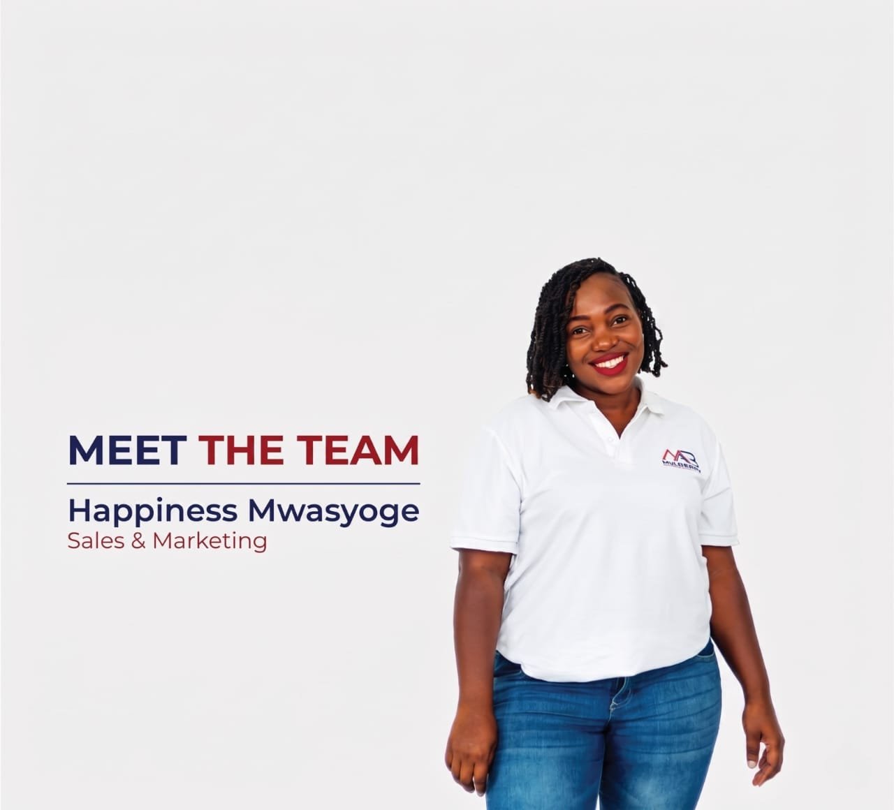 A smiling woman in a white polo shirt with a company logo standing against a plain white background, with text introducing her as a sales and marketing team member named Happiness Mwasogye.