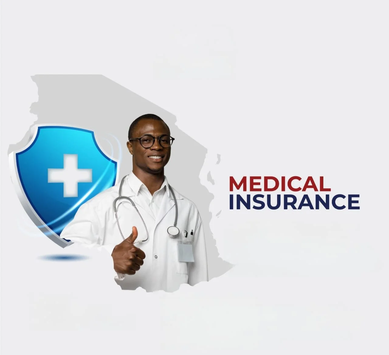 A smiling African American male doctor in a white coat with a stethoscope, giving a thumbs up in front of a gray map outline of Georgia with a blue shield and medical cross, and the text "Medical Insurance" in red and blue.