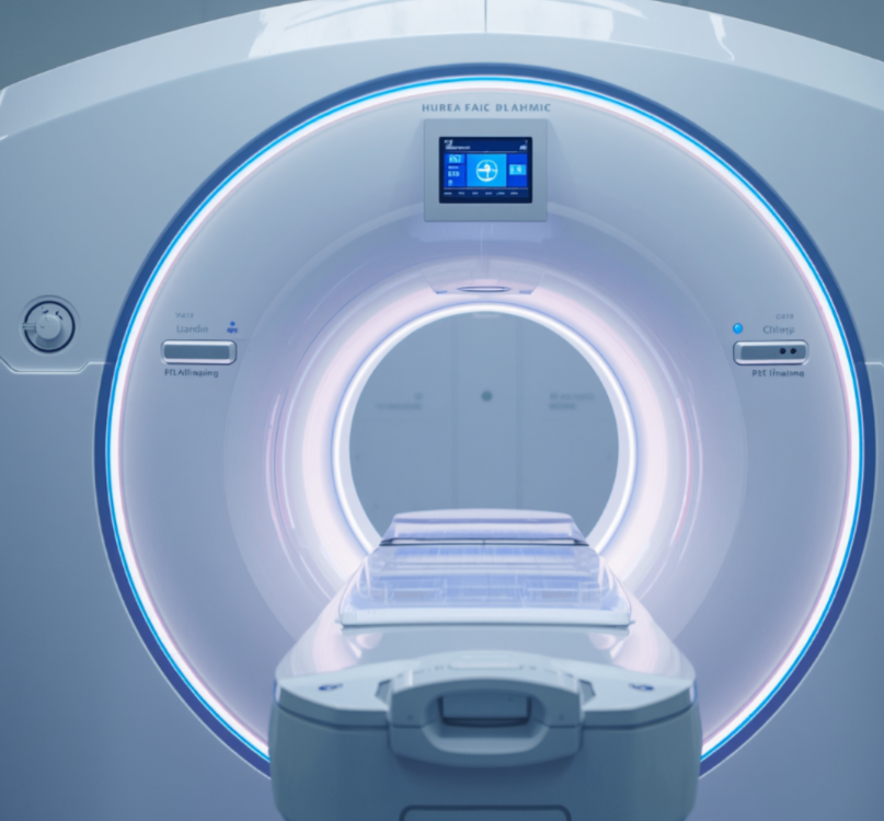 a clinical PET or SPECT imaging camera for recording imaging agent distribution in the body of a patient. Allows measuring  target engagement by a drug or disease diagnosis