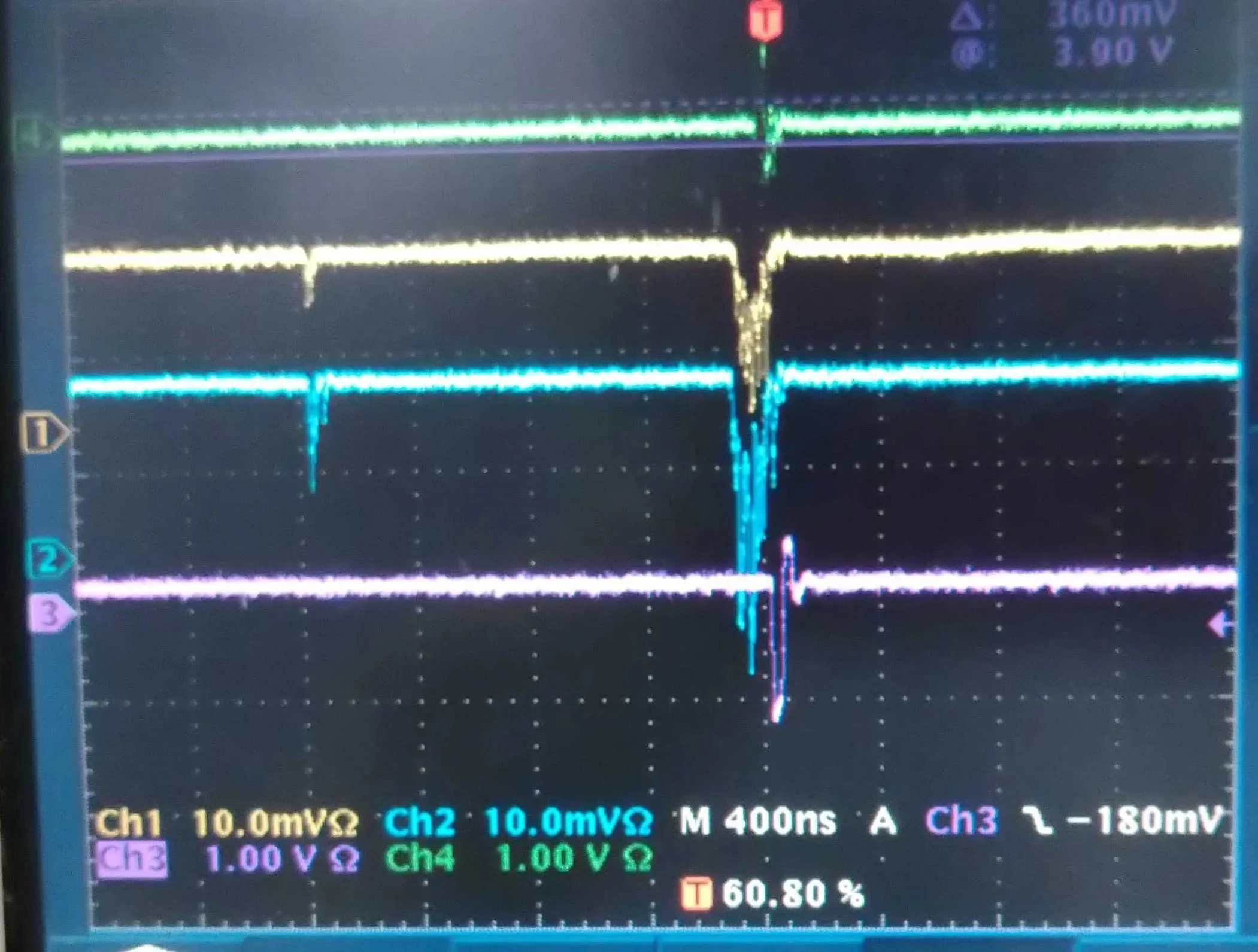 オシロスコープの画面に複数のトレースや波形が表示されている。