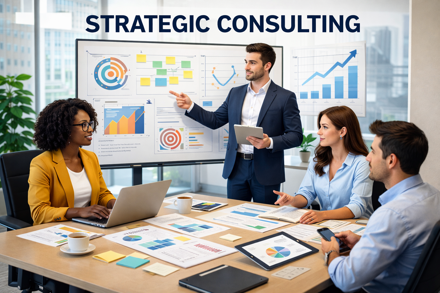 A business meeting in a conference room with four people discussing strategies. One man in a suit is presenting charts and graphs on a whiteboard. The three others, including women and a man, are seated at a table with laptops, notebooks, and reports.
