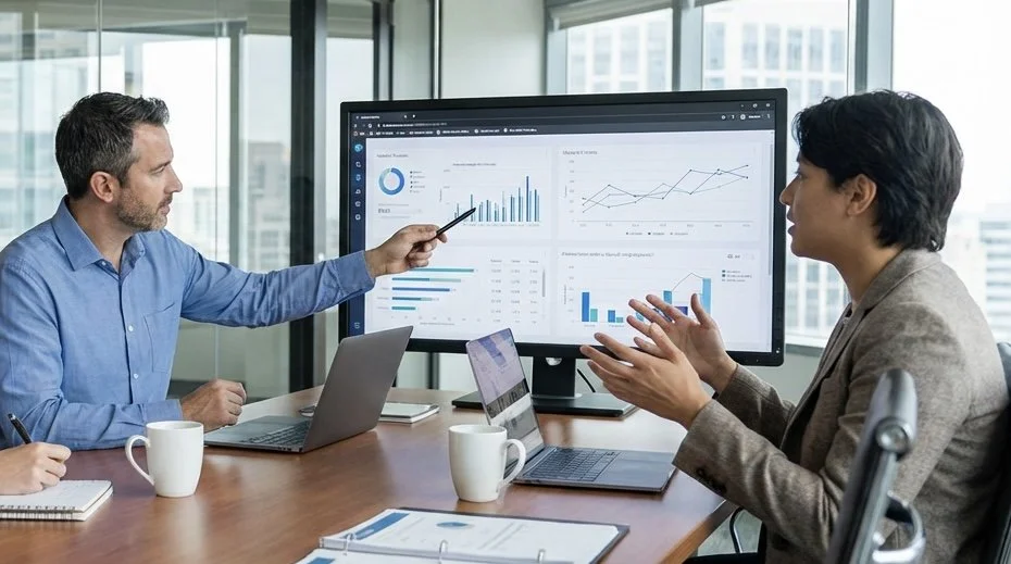 Business meeting with two people discussing data displayed on a large monitor in a modern office.