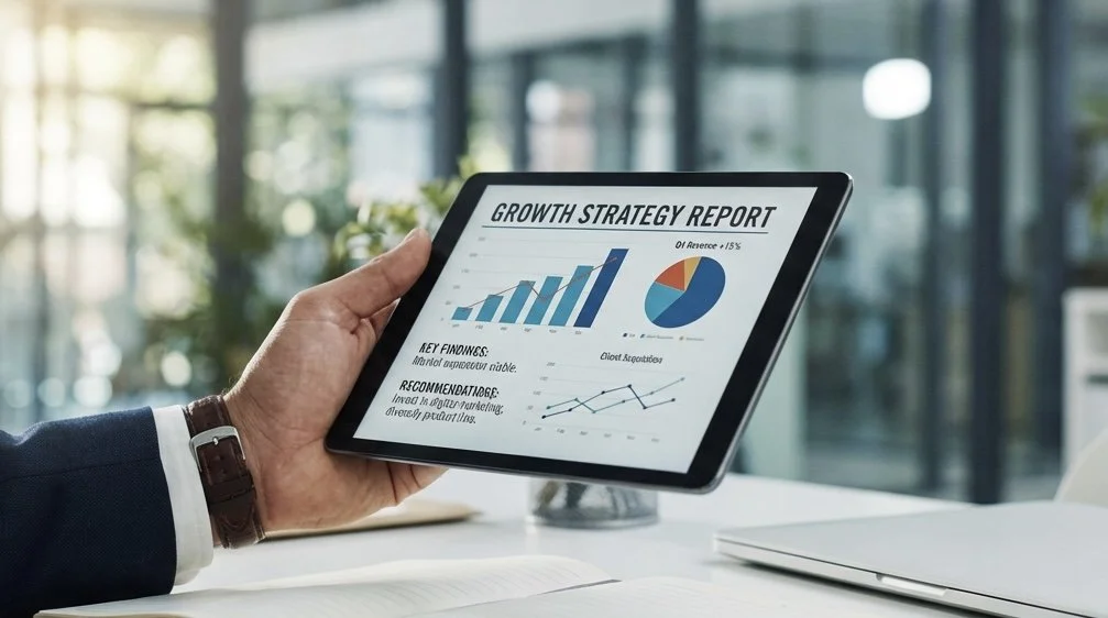 Person holding a tablet displaying a growth strategy report with charts, graphs, and data analysis, in a modern office setting.