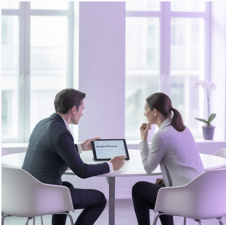 Two professionals, a man and a woman, sit at a table in a brightly lit office, discussing a project on a tablet.