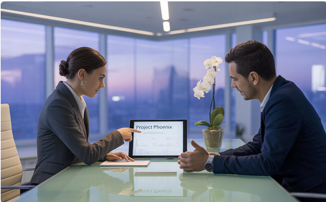 Two business professionals sitting at a conference table with a laptop displaying 'Project Phoenix' in a modern glass-walled office.