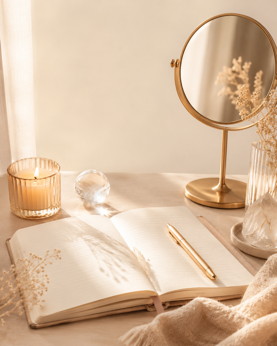 A cozy desk setup with a lit candle, a crystal ball, an open notebook with lined pages and a gold pen, a small tray with a large clear quartz crystal, a gold-framed mirror, and dried flowers in a glass vase, bathed in soft natural light.
