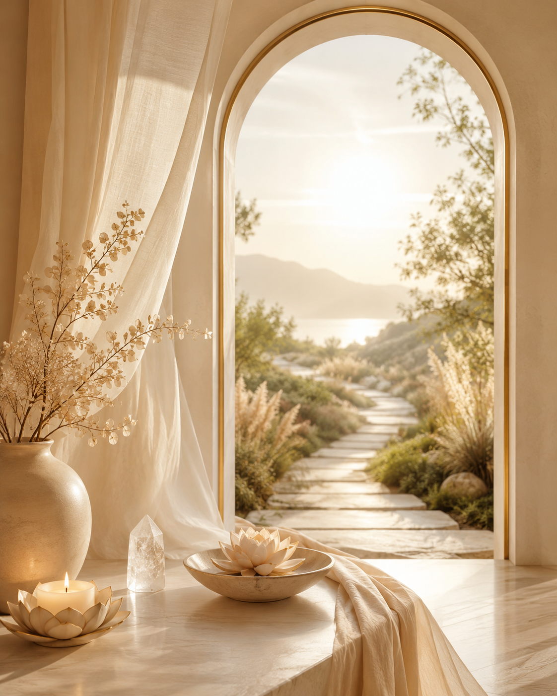 Sunlit indoor scene with a cream-colored vase holding dried flowers, a lit candle in a lotus-shaped holder, and a white lotus sculpture on a marble table. A flowing curtain drapes beside an arched window revealing a pathway through bushes and trees, with mountains and a body of water in the distance at sunset.