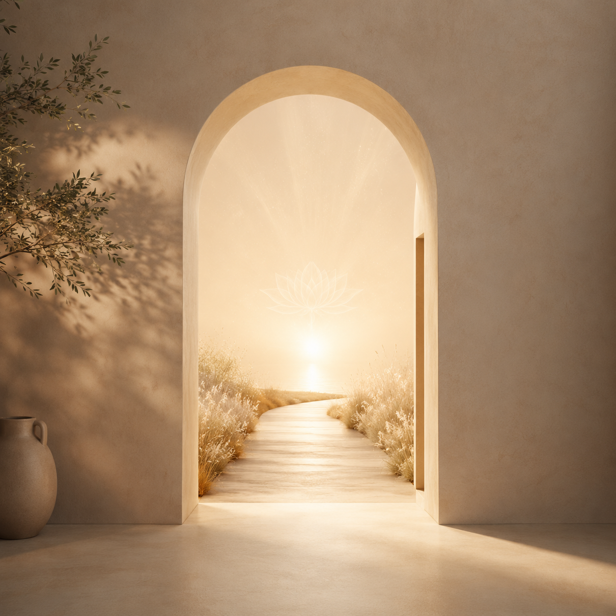 A warm, serene scene through an arched doorway, featuring a pathway leading toward a glowing light with a lotus flower symbol above, surrounded by tall grasses and soft sunlight.