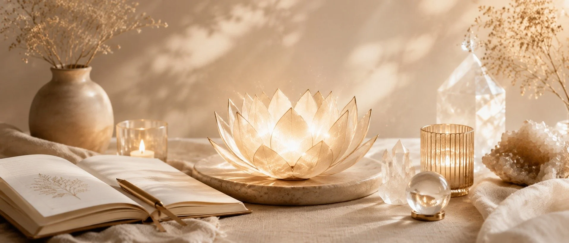 Decorative table setup with a glowing lotus-shaped light, candles, crystals, an open notebook with botanical illustrations, a pen, and dried flowers in a vase, all in a soft, warm color palette.