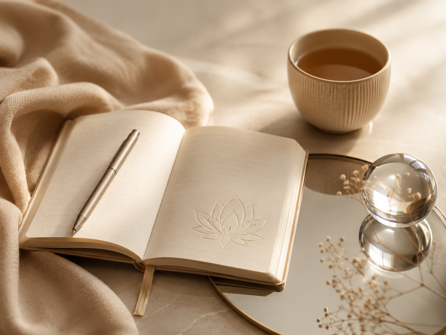 Open notebook with a lotus flower embossed on the right page, a silver pen resting on the pages, a beige cup of tea, a clear glass paperweight, and dried flowers on a round mirror tray, all on a light-colored surface with beige fabric.