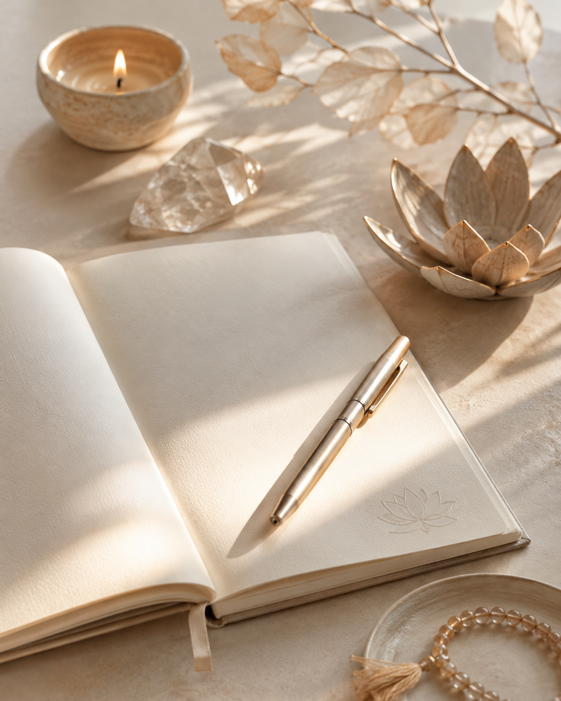 Open blank notebook with gold pen, lit candle in a bowl, decorative flower-shaped dish, dried leaves, a clear gemstone, and a beaded bracelet on a light-colored surface.