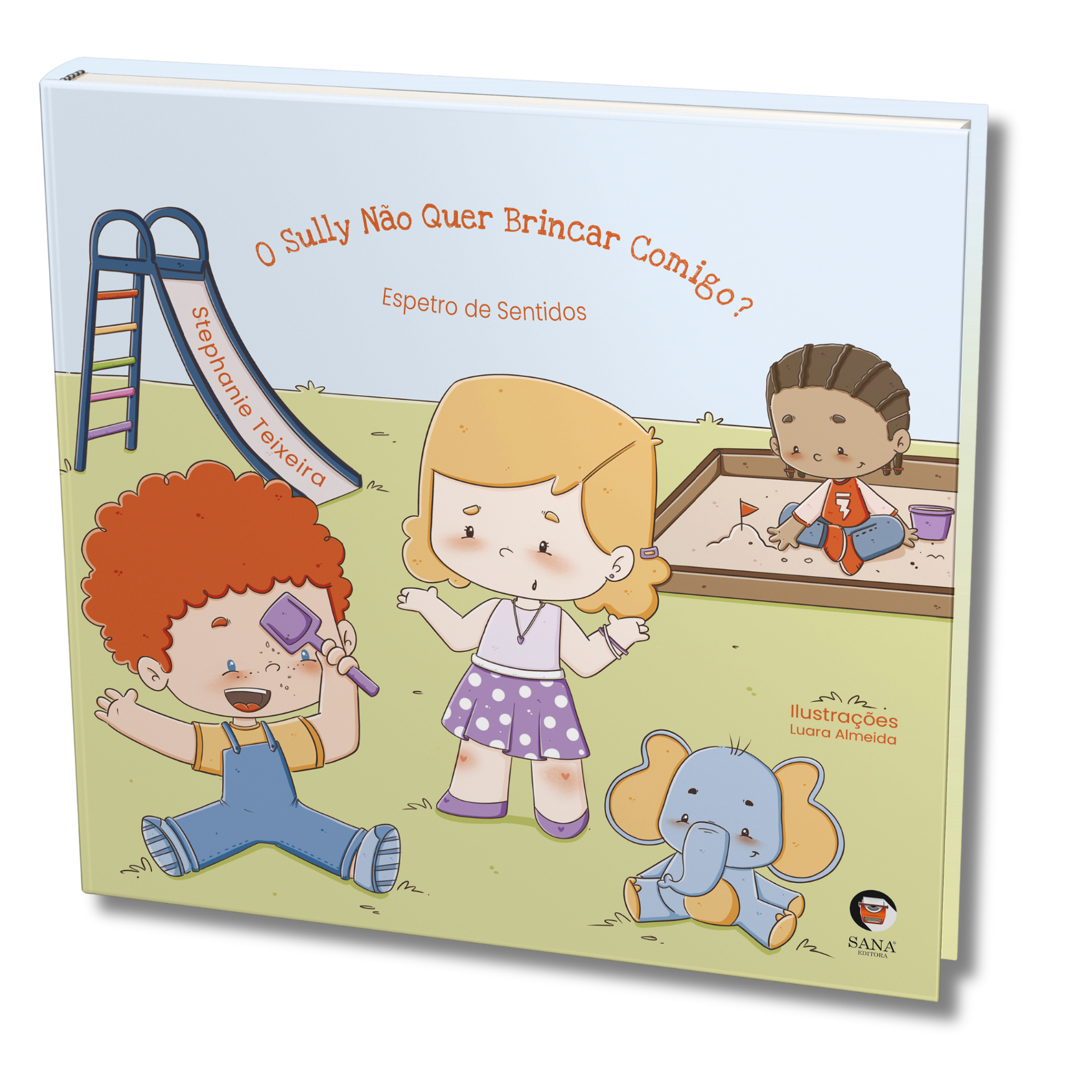 Children playing in a playground, with a girl talking, a boy playing in the sandbox, a child with a purple toy, and a stuffed elephant, with a slide in the background.