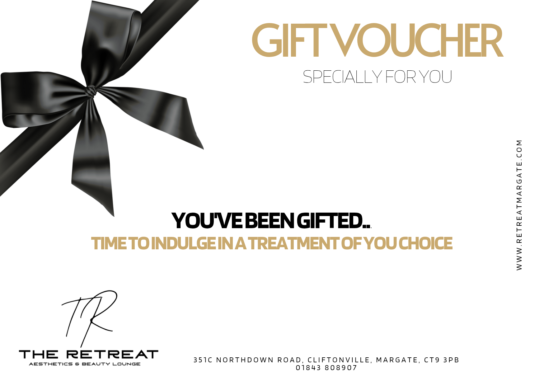 Gift voucher for The Retreat Aesthetics & Beauty Lounge with a large black ribbon and bow design in the top left corner, and text indicating it's a gift for indulging in a treatment of your choice, including the website and address of the lounge.