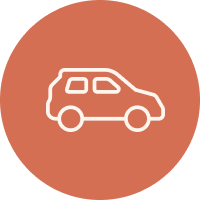 Outline drawing of a car on a brown circular background.