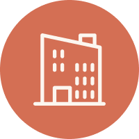 Icon of a tall office building with multiple windows on a circular orange background.