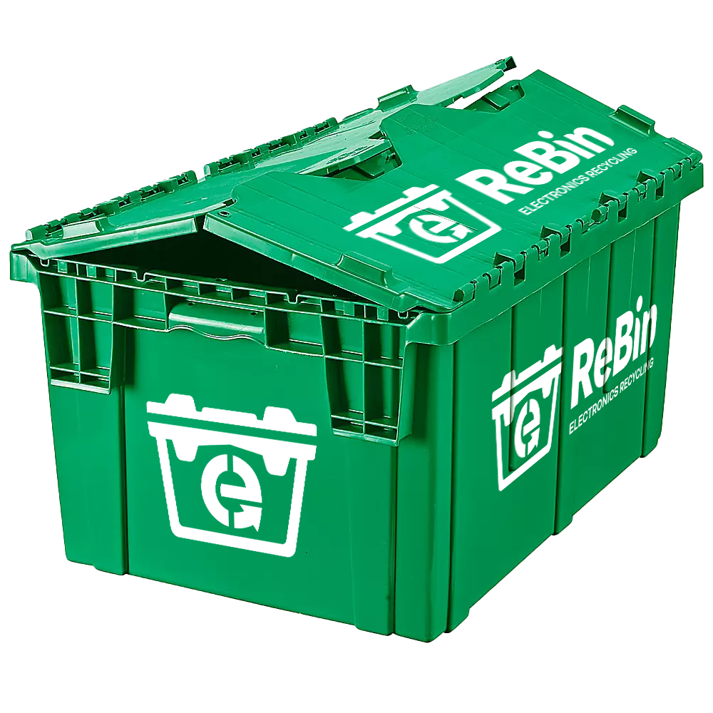 Green recycling bin for electronics with the words "ReBin ELECTRONICS RECYCLING" and a logo on the side.