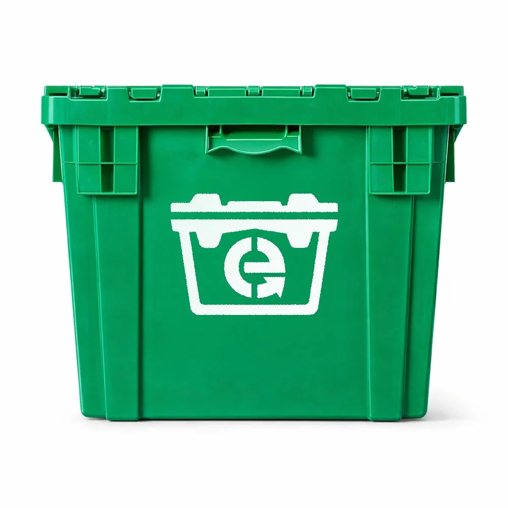 Green recycling bin with a white recycling symbol on the front.