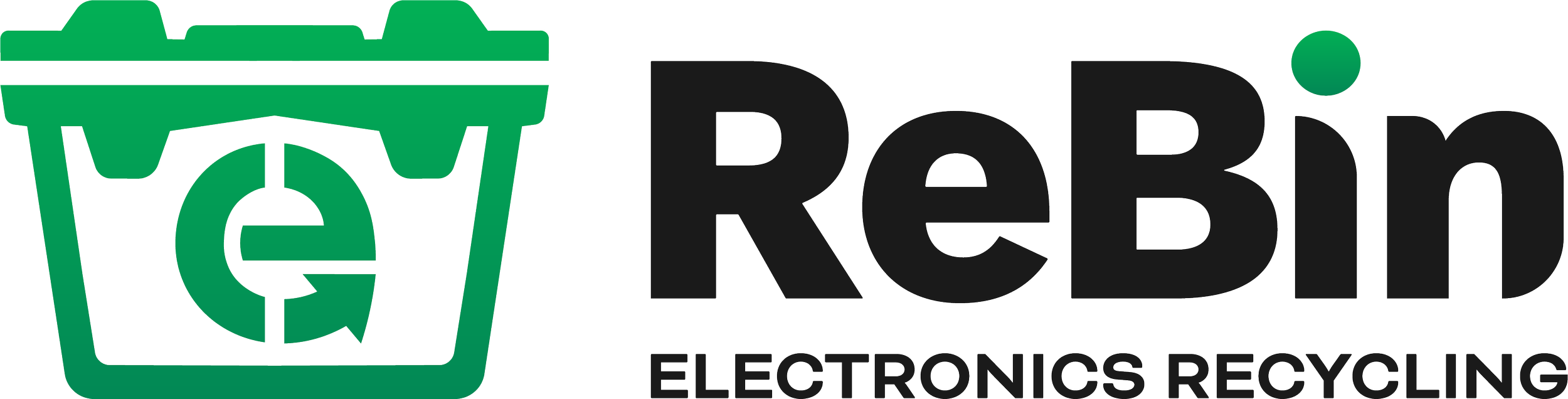 Logo for ReBonus Electronics Recycling featuring a green trash bin with a circular arrow and a dollar sign inside, alongside the text 'ReBonus' in bold black letters and 'ELECTRONICS RECYCLING' underneath.